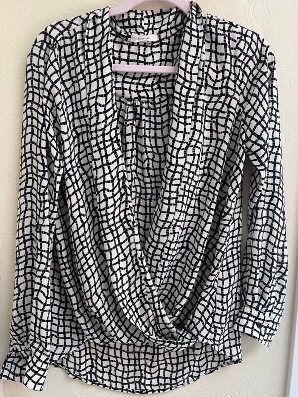 Pleione Black and White Geometric Draped Wrap Blouse